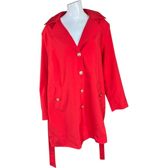 Dennis Basso Regular Water Resistant Trench Coat Hood Tomato Red XL Petite NWOT - Picture 1 of 13